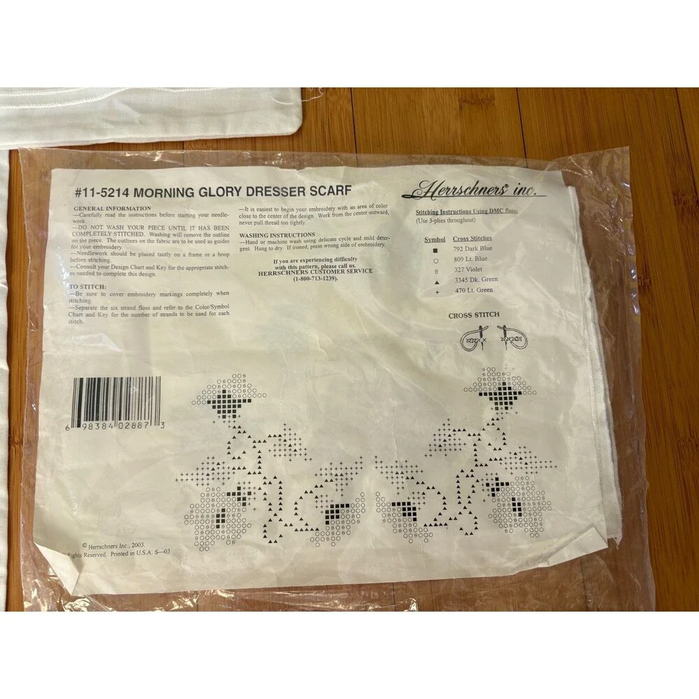 New Herrschners Morning Glory Cross Stitch Kit Pillowcases & Dresser Scarf Set